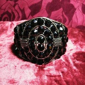 Vintage Costume Black Faceted Silver Cuff Bracelet